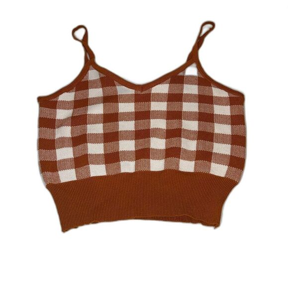 Brown Checkered Stretchy Crop-Top Spaghetti Strap Womens Size M See Photos - Picture 3 of 3